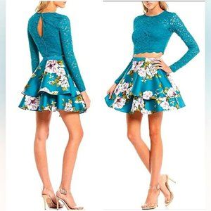 Prom Formal Skirt Set Tiered Floral Mini Skirt Cropped Lace Top Teal Size 3